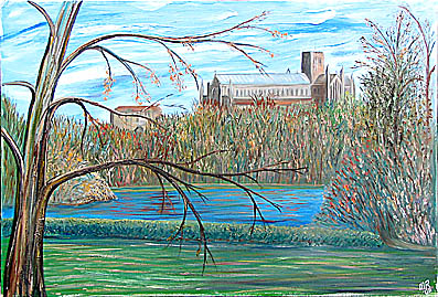 view of st albans abbey across verulamium park lake